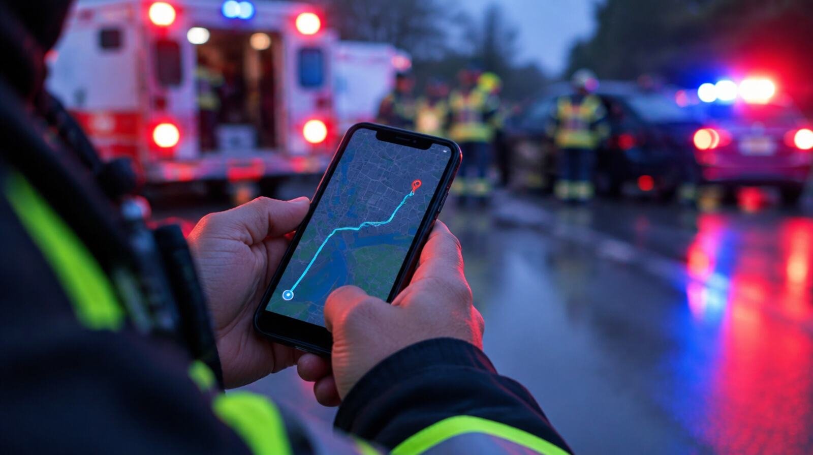 A responder holding a phone with a route map at an emergency scene