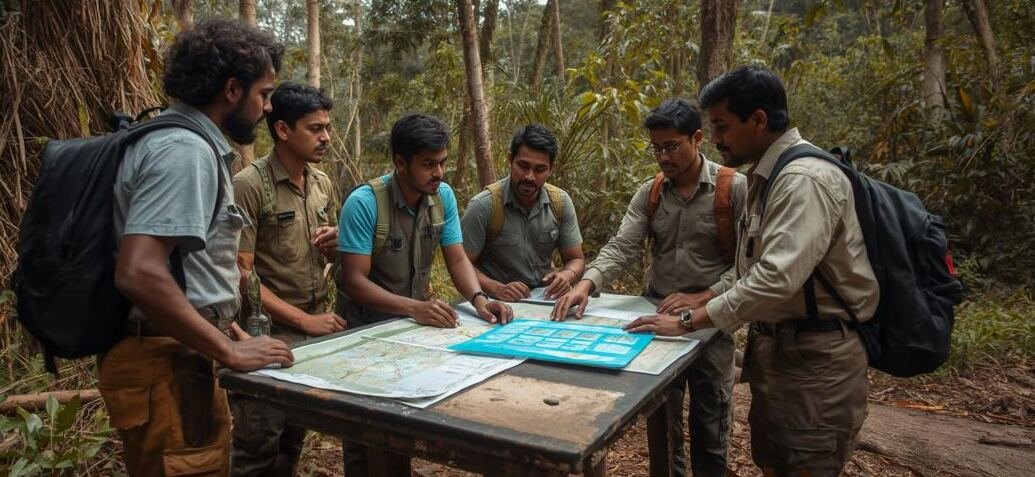 A field team planning over maps in the forest